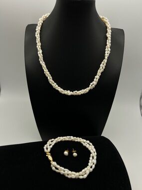 VINTAGE Pearl Set • Triple Strand Necklace Bracelet Stud Earrings